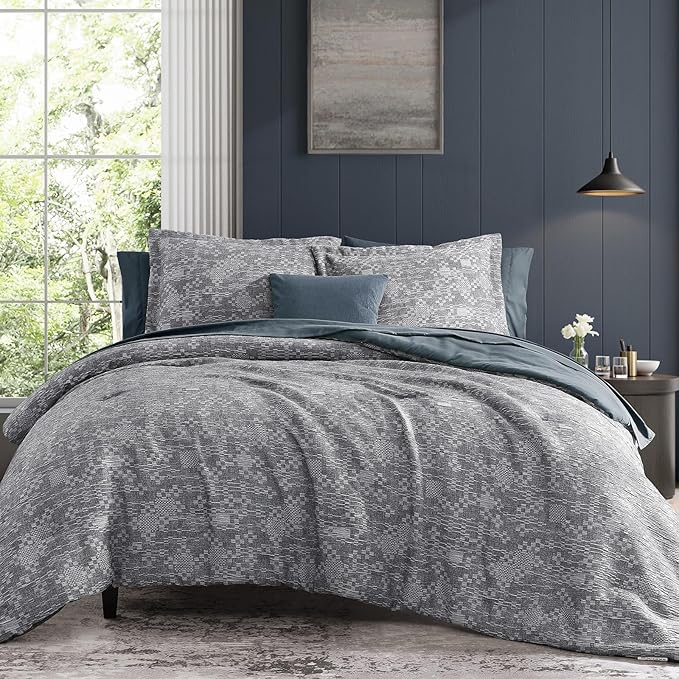 MaiRêve King Comforter Set Navy Blue, Crinkle Textured Design Bedding Set 7 Pieces Bed in A Bag, All Season Farmhouse Comforter Set with Sheets, Pillowcases & Shams