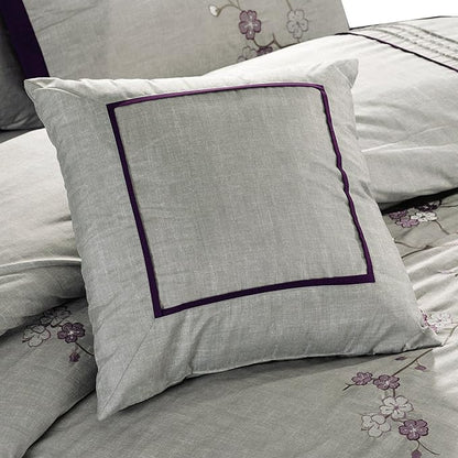 Chezmoi Collection Miki 7-Piece Luxury Floral Purple/Gray Cherry Blossom Embroidery Comforter Set, Queen