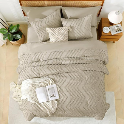 Litanika Light Hazel Full Size Comforter Set with Sheets - 7 Pieces Bed in a Bag Full Boho Tufted Complete Bedding Sets with Comforter, Sheets, Pillowcases & Shams
