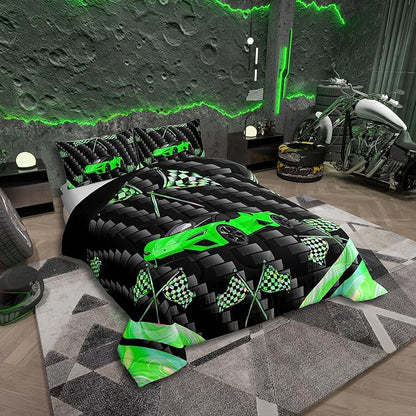 jejeloiu Green Race Car Bedding Set Twin Size Extreme Sports Comforter Set for Kids Teens Adult Fast and Furious Duvet Set Dazzling Flag Quilt Set 2Pcs