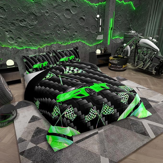 jejeloiu Green Race Car Bedding Set Toddle Size Extreme Sports Comforter Set for Kids Teens Adult Fast and Furious Duvet Set Dazzling Flag Quilt Set 2Pcs