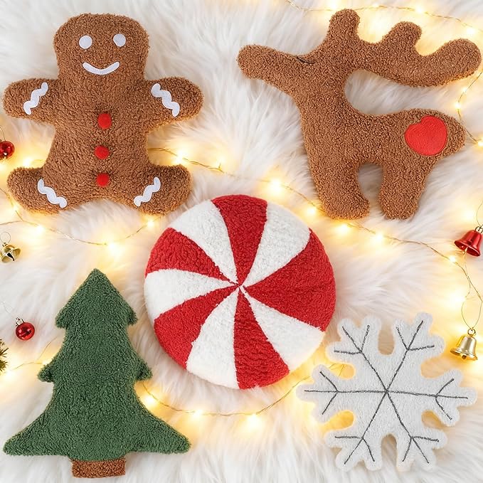Cumule 5 Pcs Christmas Throw Pillows Cute Xmas Tree Candy Gingerbread Reindeer Snowflake Shaped Plush Pillow for Christmas Winter Holiday Party Outdoor Bedroom Cushion Decoration