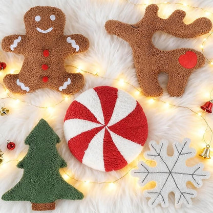 Cumule 5 Pcs Christmas Throw Pillows Cute Xmas Tree Candy Gingerbread Reindeer Snowflake Shaped Plush Pillow for Christmas Winter Holiday Party Outdoor Bedroom Cushion Decoration
