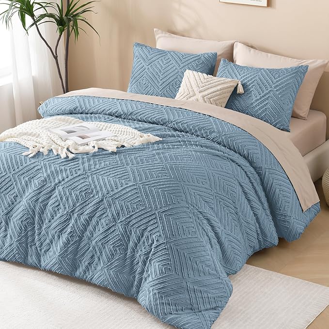 Andency Grayish Blue California King Comforter Set, 3 Pieces Grayish Blue Boho Bedding Set & Collections, Farmhouse Tufted Fluffy Bed Set for California King Bed (1 Comforter 104x96In, 2 Pillowcases)