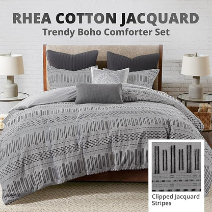 INK+IVY Luxurious Cotton-Bedding Set - Mid Century Trendy Geometric Design, All Season Cozy-Cover With Matching-Shams, Full/Queen, Rhea Jacquard Grey/Black