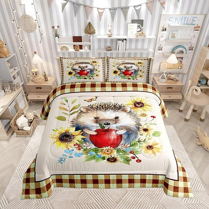 Castle Fairy Fall Sunflower Leaves Comforter Set,Cartoon Hedgehog Bedding Set Kids Teens Modern Decor,Autumn Harvest Thanksgiving Comforter with 1 Pillowcase for All Seasons,Twin