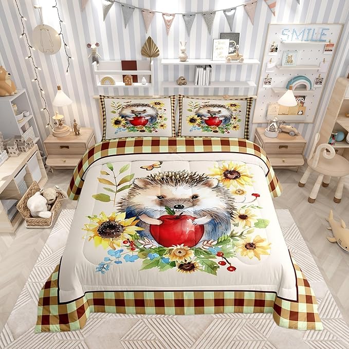 Cartoon Hedgehog Boys Girls Comforter Set Full Size,Fall Sunflower Leaves Duvet Set Teens Bedroom Decor,Autumn Harvest Thanksgiving Microfiber Soft Bedding
