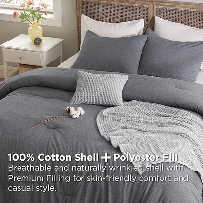 Bedsure 5 Pieces Cotton Comforter Set with Waffle Throw Blanket - Soft Breathable Bedding Set for All Seasons, Dark Grey Queen Comforter, Pillow Shams, Grey 100% Cotton Blanket, Throw Pillow