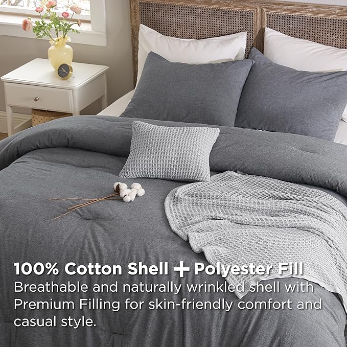 Bedsure 5 PCS Cotton Comforter Set with Waffle Throw Blanket - Soft Breathable Bedding Set for All Seasons, Dark Grey Comforter Full Size, Pillow Shams, Grey 100% Cotton Blanket, Throw Pillow