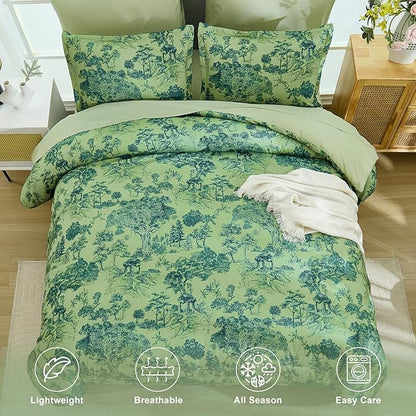 DJY King Size Comforter Sets, 7 Pieces Bed in a Bag King Green Botanical Comforter Set with Sheets, White Elegant Plants Print Soft Microfiber Reversible Complete Bedding Sets for All Season