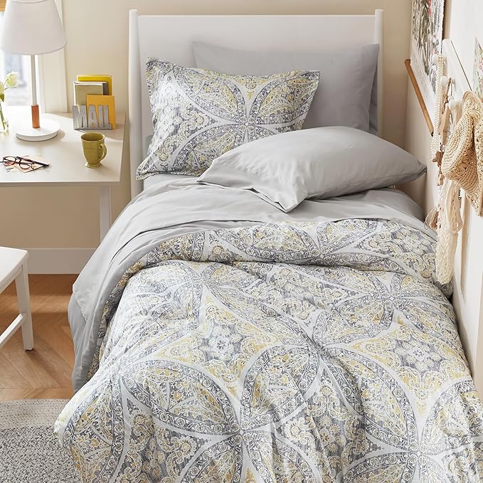 Comfort Spaces Bed in A Bag Comforter Set - Trendy Casual Design Twin Comforter with Complete Sheet Set with Side Pocket, All Season Comforter Twin, Shams, Gloria, Twin Grey/Yellow 6 Piece