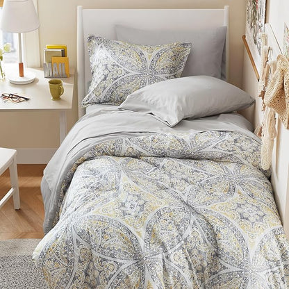 Comfort Spaces Bed in A Bag Comforter Set - Trendy Casual Design Twin Comforter with Complete Sheet Set with Side Pocket, All Season Comforter Twin, Shams, Gloria, Twin Grey/Yellow 6 Piece