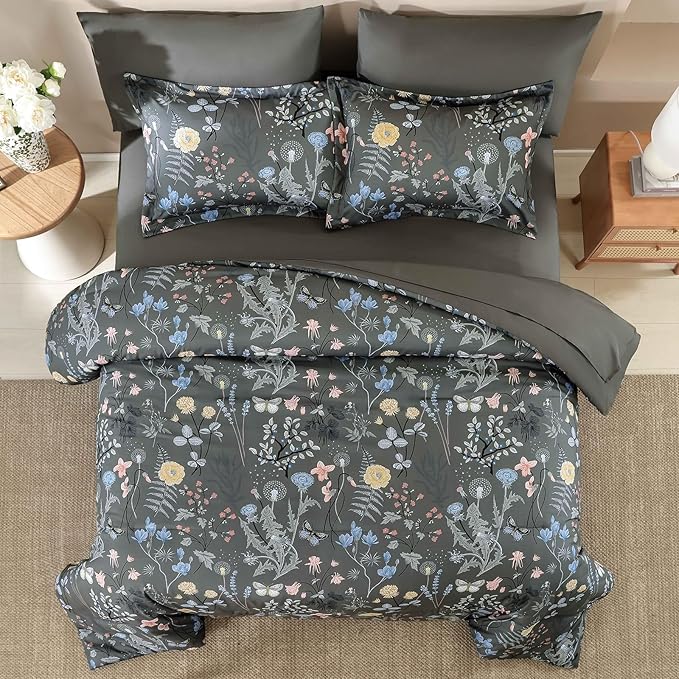 Yiran 7 Piece Grey Floral Comforter Set Queen Size, Botanical Flowers Bed in a Bag Queen, Soft Microfiber Complete Bedding Set with Sheets for All Season