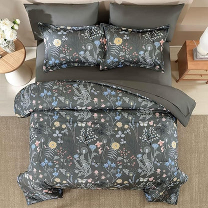 Yiran 7 Piece Grey Floral Comforter Set King Size, Botanical Flowers Bed in a Bag King, Soft Microfiber Complete Bedding Set with Sheets for All Season