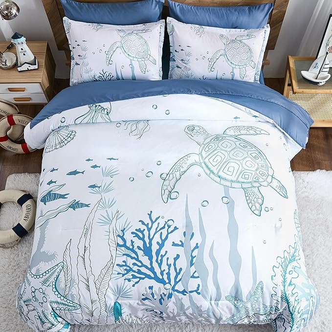 Comforter Set King Size Coastal, Seaweed & Turtle Comforters 7 Pieces Ocean Coral Bed in a Bag Nautical Bedding with Sheets for Spring Summer Decor