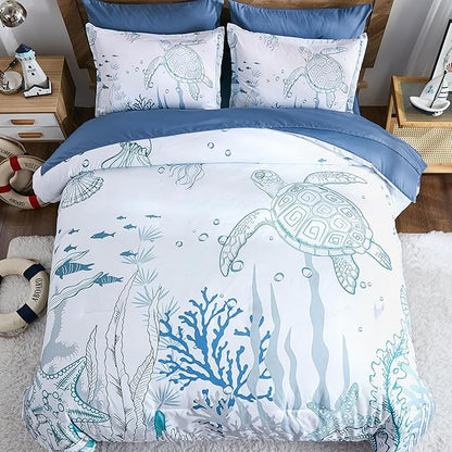 Coastal Comforter Set Queen, Seaweed & Turtle Comforters 7 Pieces Ocean Coral Bed in a Bag Nautical Bedding with Sheets for Spring Summer Decor