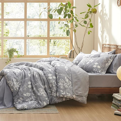 Bedsure Twin Comforter Set - 5 Pieces Floral Grey Soft Bedding Sets, Twin Bed in a Bag with Botanical Flowers Comforter, Sheets, Pillowcase & Sham