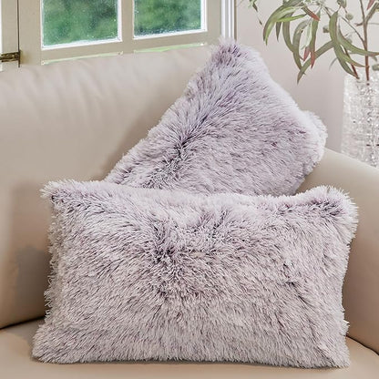 Cheer Collection Throw Pillows for Couch and Bed, Soft Shaggy Throw Pillows with Inserts Included, Cozy Long Hair Faux Fur Pillows - Set of 2-12" x 20" - Purple