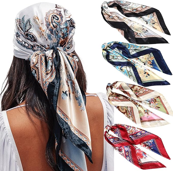 AWAYTR 35” Satin Large Square Head Scarves - 4PCS Silk Like Neck Scarf Hair Sleeping Wraps Satin Silk Scarfs for Women