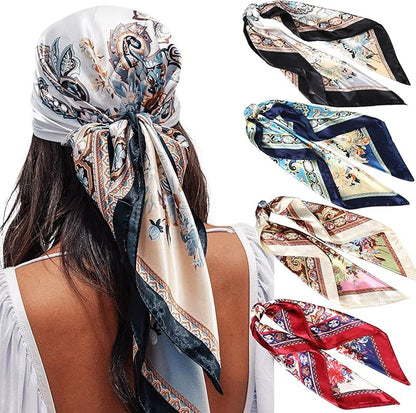 AWAYTR 35” Satin Large Square Head Scarves - 4PCS Silk Like Neck Scarf Hair Sleeping Wraps Satin Silk Scarfs for Women