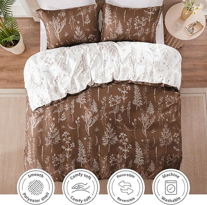 Love's cabin Chocolate Twin Comforter Set - Twin XL Size Comforter Set Dorm Bedding, 2 Pieces Cute Floral Bedding, Reversible Flowers Comforter, 1 Comforter & 1 Pillow Sham