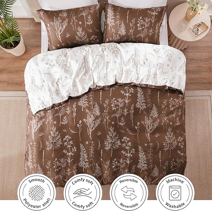 Love's cabin Chocolate Comforter Set King - King Size Comforter Set, 3 Pieces Cute Floral Bedding Sets for All Seasons,1 Soft Reversible Botanical Flowers Comforter and 2 Pillow Shams