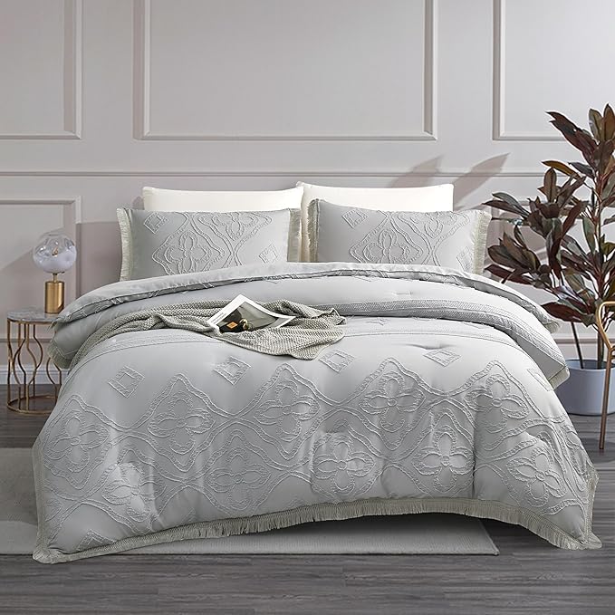 Boho Queen Comforter Set Grey 3 Pieces Tufted Tassel Comforter Set Queen Size Lightweight Queen Size Comforter Sets Farmhouse Shabby Chic Fluffy Gray Comforter Queen Bed Set Gift Choice