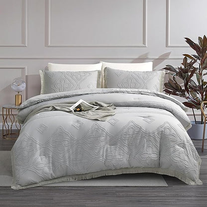 Boho Queen Comforter Set Grey 3 Pieces Tufted Tassel Comforter Set Queen Size Lightweight Queen Size Comforter Sets Farmhouse Shabby Chic Fluffy Gray Comforter Queen Bed Set Gift Choice