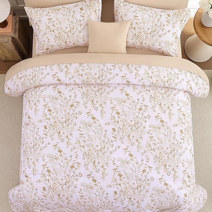 WONGS BEDDING Queen Size Comforter Set, 8 Pieces Autumn Leaf Floral Bed in a Bag Comferter Sets, Botanical Print Soft Fluffy Microfiber Complete Bedding Sets for All Season (90"x90")