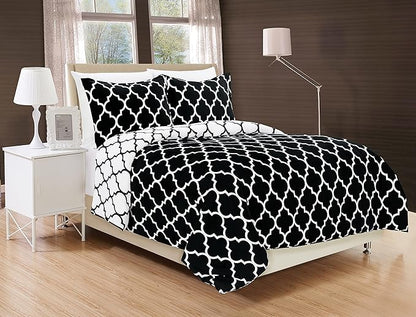 Elegant Comfort Goose Down Alternative Reversible 3-Piece Comforter Set - Breathable and Super Soft All Season Reversible Quatrefoil Pattern Comforter Set with 2 Shams, King, Black/White