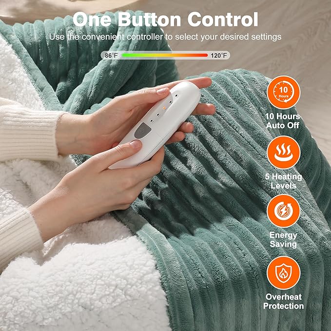 Electric Blanket Twin Heated Blanket 62"x84" Striped Flannel & Thick Sherpa, 5 Heat Settings & 10 Hour Auto Off with FCC/ETL Certified, Overheat Protection & Machine Washable, Teal