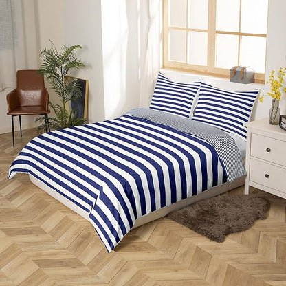 Navy Blue Stripe Comforter Set Queen Size White Geometric Ticking Stripes Reversible Down Comforter Farmhouse Horizontal Stripes Gothic Home Decor Duvet Set Modern Abstract Striped Bedding Set