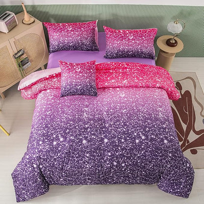 PERFEMET Pink Purple Girls Queen Comforter Set with Sheets 6 Pieces Colorful Rainbow Tie Dye Kids Bedding Set Sparkle Glitter Ombre Bed in A Bag Soft Fluffy Teen Girl Bed Set for Bedroom Decor