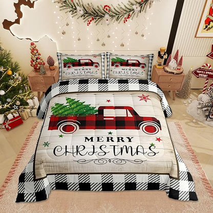 Xmas Truck Bedding Set Twin Size,Black White Geometric Grid Comforter 2pcs for Kids Teens Adults Room Decor,Brown Rustic Farmhouse Quilt Happy New Year Duvet Insert,1 Pillowcase