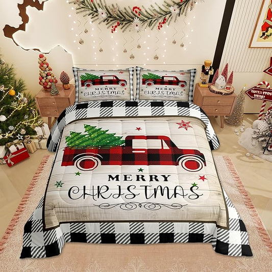 Xmas Truck Bedding Set Twin Size,Black White Geometric Grid Comforter 2pcs for Kids Teens Adults Room Decor,Brown Rustic Farmhouse Quilt Happy New Year Duvet Insert,1 Pillowcase