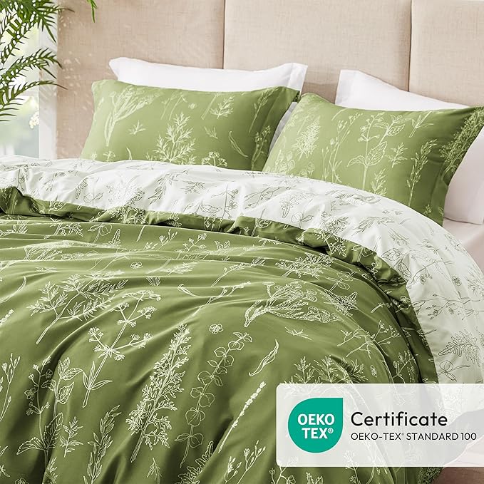 Love's cabin Olive Green King Comforter Set - King Size Comforter Set, 3 Pieces Cute Floral Bedding Sets for All Seasons,1 Soft Reversible Botanical Flowers Comforter and 2 Pillow Shams