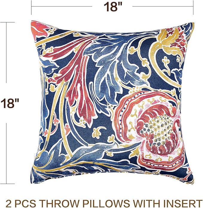 JMGBird Water-Resistant Outdoor Pillows Set of 2, 18x18 inch Durable Blue with Pomegranate Flower Pattern Throw Pillows with Inserts for Patio Furniture