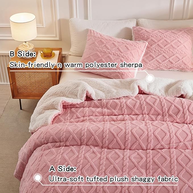 Joyreap 3-Piece Fluffy Faux Fur Sherpa Comforter Set Pink, Queen Size Luxury Tufted Bedding Comforter Set, All Season Soft n Cozy Plush Comforter Bed Set- 88x88 inches