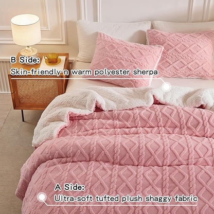 Joyreap 3-Piece Fluffy Faux Fur Sherpa Comforter Set Pink, Queen Size Luxury Tufted Bedding Comforter Set, All Season Soft n Cozy Plush Comforter Bed Set- 88x88 inches