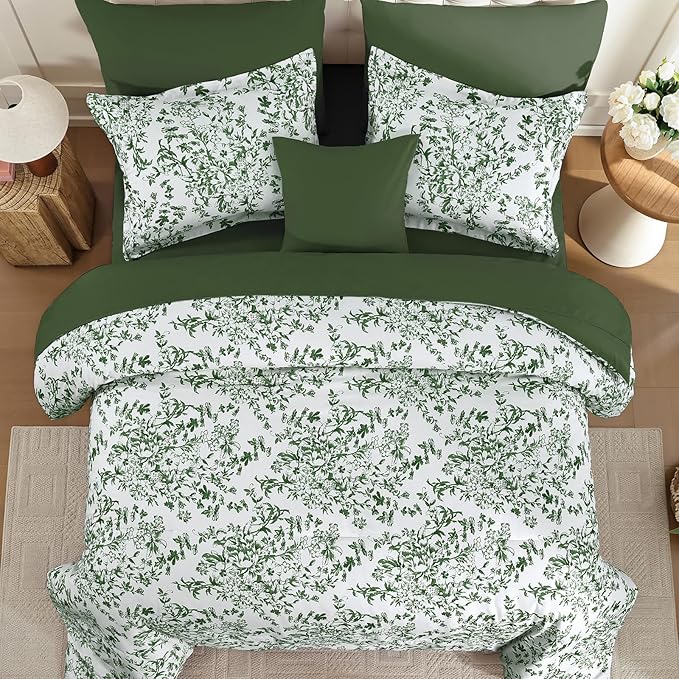 WONGS BEDDING King Size Comforter Set, 8 Pieces Emerald Floral Bed in a Bag Comforter Sets, Botanical Print Soft Fluffy Microfiber Complete Bedding Sets for All Season (90"x104")
