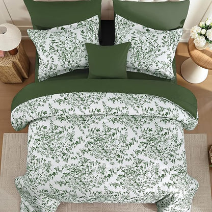 WONGS BEDDING King Size Comforter Set, 8 Pieces Emerald Floral Bed in a Bag Comforter Sets, Botanical Print Soft Fluffy Microfiber Complete Bedding Sets for All Season (90"x104")