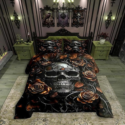 Erosebridal Gothic Bedding Set for Adluts Kids Teens Goth Skull King Size Comforter Set Vintage Victorian Romantic Orange Rose Floral Quilt Spooky Grunge Skeleton Boho Horror Bedding,Gothic Decor