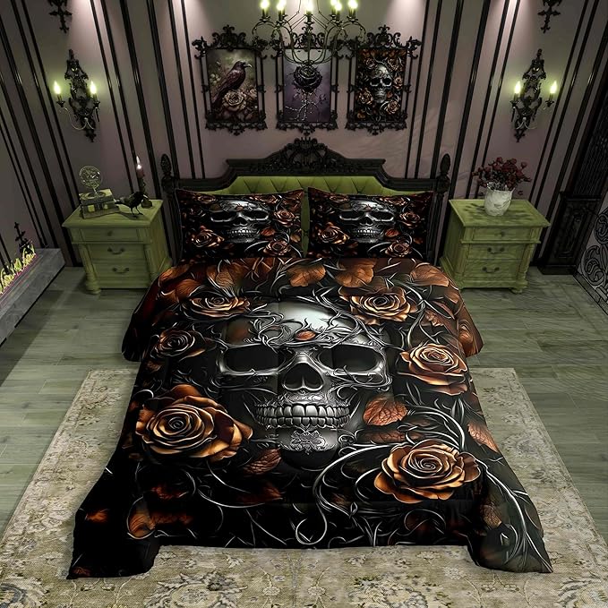 Erosebridal Gothic Bedding Set for Adluts Kids Teens Goth Skull Toddler Comforter Vintage Victorian Romantic Orange Rose Floral Quilt Spooky Grunge Skeleton Boho Horror Bedding,Gothic Decor