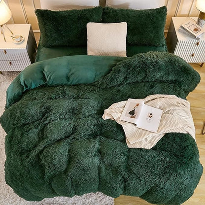 Andency Fluffy Emerald Green Comforter Set King Size, 3 Pieces Winter Faux Fur Warm Soft Fuzzy Plush Bedding Comforter Set (1 Velvet Comforter & 2 Pillowcases), Thick Heavy Puffy Comfy Bedding Set