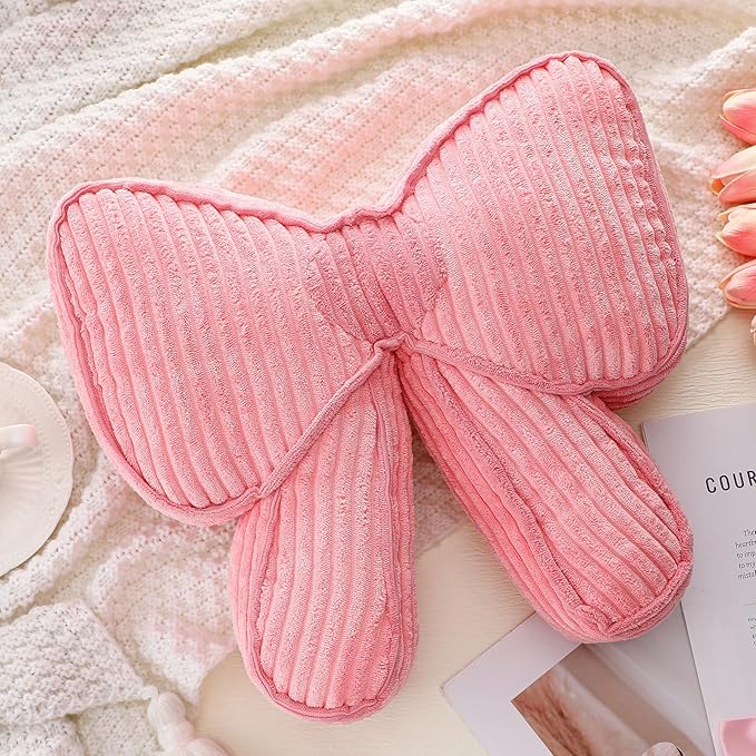 Pink Bow Pillow 12'' Coquettish Bow Shaped Decorative Pillows Soft Corduroy Pink Cushion for Girls Women Room Bed Sofa Couch Aesthetic Home Decor Gift
