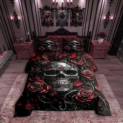 Erosebridal Adults Gothic Comforter Set Bohemian Boho Goth Bedding Full Size Vintage Horror Skull Bed Sets Red Rose Baroque Victorian Romantic Rose Duvet Insert,Halloween Gothic Bedroom Decor