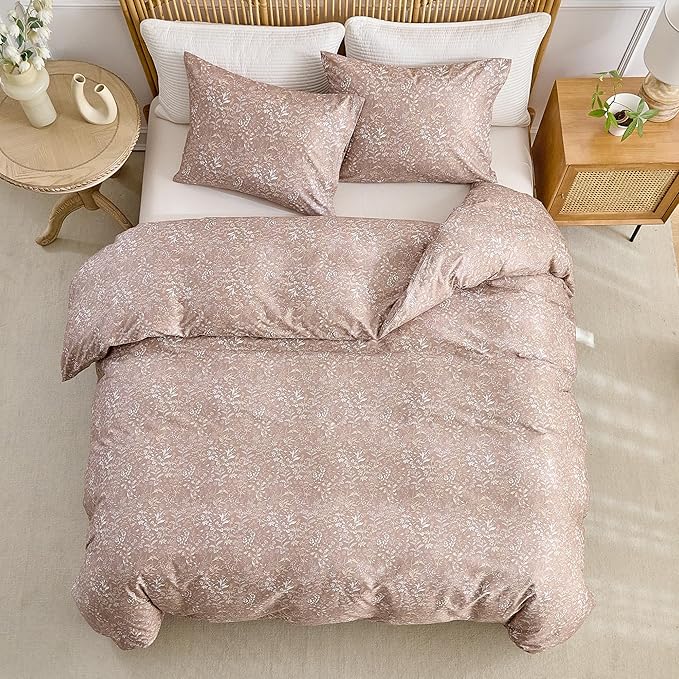 Khaki Comforter Set King Size with Flowers Washable Brushed Microfiber Bedding Comforter Set for Bedroom Soft Warm Comforter Set with 2 Matched Pillowcases