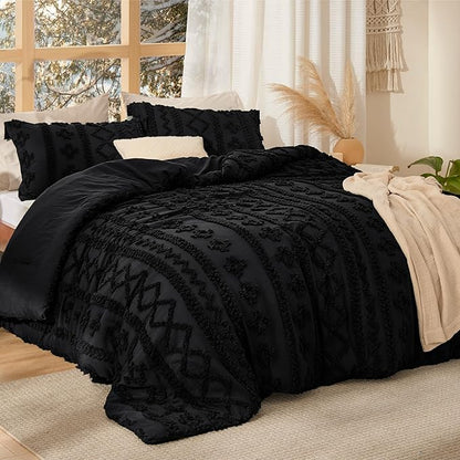 Bedsure Tufted Boho Comforter Set Oversized Queen - Black Boho Bed Set, GentleSoft™ 3 Pieces Farmhouse Shabby Chic Embroidery Bedding, Gifts for Woman, Soft Jacquard Comforter for All Seasons