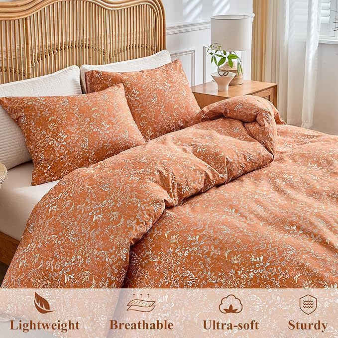 AMWAN Queen Size Comforter Set Burnt Orange, 3 Pieces Queen Terracotta Bedding Sets, Vintage Botanical Bedding Set, 1 Comforter with 2 Pillowcases, Aesthetic Floral Comforter Set for All Seasons