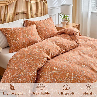 AMWAN Queen Size Comforter Set Burnt Orange, 3 Pieces Queen Terracotta Bedding Sets, Vintage Botanical Bedding Set, 1 Comforter with 2 Pillowcases, Aesthetic Floral Comforter Set for All Seasons